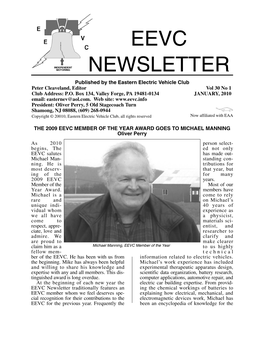 EEVC NEWSLETTER Published by the Eastern Electric Vehicle Club Peter Cleaveland, Editor Vol 30 No 1 Club Address: P.O