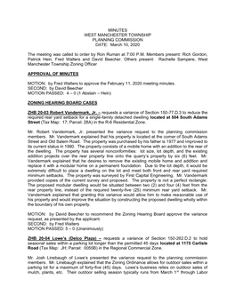 MINUTES WEST MANCHESTER TOWNSHIP PLANNING COMMISSION DATE: March 10, 2020