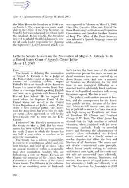 Letter to Senate Leaders on the Nomination of Miguel A. Estrada to Be a United States Court of Appeals Circuit Judge March 11, 2003