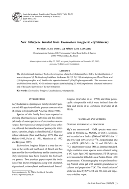 New Triterpene Isolated from Eschweilera Longipes (Lecythidaceae)