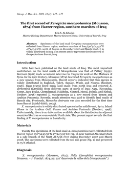 The First Record of Xeropicta Mesopotamica (Mousson, 1874) from Hareer Region, Southern Marshes of Iraq