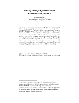 Defining “Anonymity” in Networked Communication, Version 1