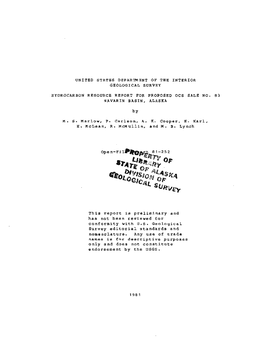 UNITED STATES DEPARTMENT of the INTERIOR H. Mclean, R. Mcmullin, and M . B. Lynch Has Not Been Reviewed for Survey Editorial