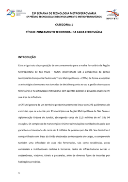 Artigo Trata Da Proposição De Um Zoneamento Para a Malha Ferroviária Da Região