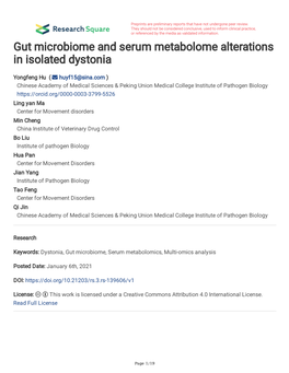 Gut Microbiome and Serum Metabolome Alterations in Isolated Dystonia