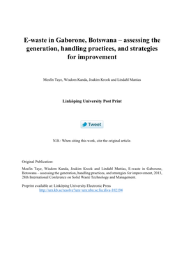 E-Waste in Gaborone, Botswana – Assessing the Generation, Handling Practices, and Strategies for Improvement
