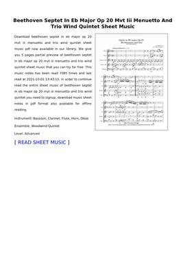 Beethoven Septet in Eb Major Op 20 Mvt Iii Menuetto and Trio Wind Quintet Sheet Music