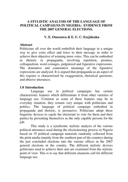 A Stylistic Analysis of the Language of Political Campaigns in Nigeria: Evidence from the 2007 General Elections