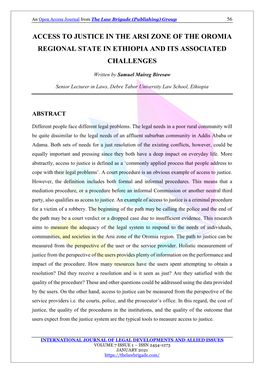 Access to Justice in the Arsi Zone of the Oromia Regional State in Ethiopia and Its Associated Challenges