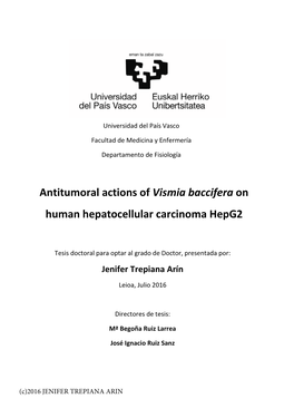 Antitumoral Actions of Vismia Baccifera on Human Hepatocellular Carcinoma Hepg2
