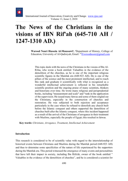 The News of the Christians in the Visions of IBN Rif'ah (645-710 AH / 1247-1310 AD.)