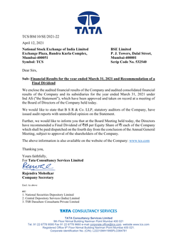 TCS/BM/10/SE/2021-22 April 12, 2021 National Stock Exchange of India Limited BSE Limited Exchange Plaza, Bandra Kurla Complex, P