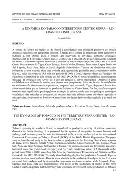 A Dinâmica Do Tabaco No Território Centro Serra Rio Grande Do Sul, Brasil