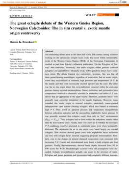 The Great Eclogite Debate of the Western Gneiss Region, Norwegian Caledonides: the in Situ Crustal V