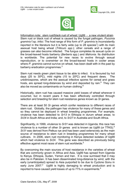 Stem Rust/Black Rust of Wheat: Ug99 - a New Virulent Strain Copyright CSL, 2008