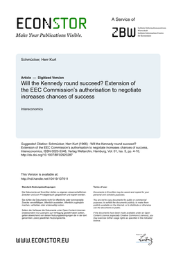 Will the Kennedy Round Succeed? Extension of the EEC Commission’S Authorisation to Negotiate Increases Chances of Success