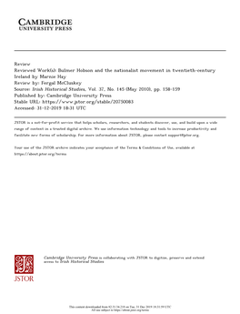 Bulmer Hobson and the Nationalist Movement in Twentieth-Century Ireland by Marnie Hay Review By: Fergal Mccluskey Source: Irish Historical Studies, Vol