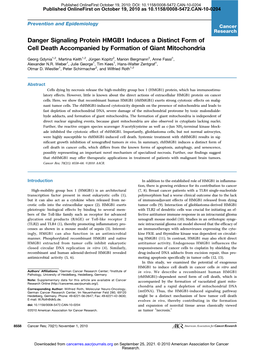 Danger Signaling Protein HMGB1 Induces a Distinct Form of Cell Death Accompanied by Formation of Giant Mitochondria