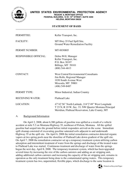 Keller Transport, Inc. FACILITY: MT Hwy 35 Fuel Spill Site, Ground Water Remediation Facility PE