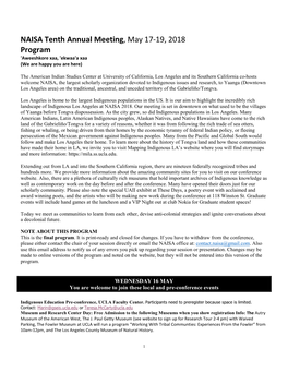 NAISA Tenth Annual Meeting, May 17-19, 2018 Program 'Aweeshkore Xaa, 'Ekwaa'a Xaa (We Are Happy You Are Here)