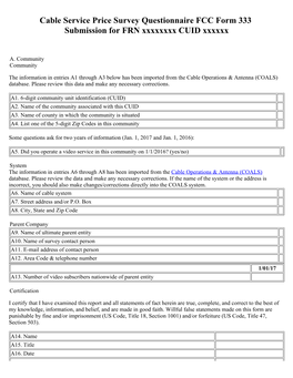 Cable Service Price Survey Questionnaire FCC Form 333 Submission for FRN Xxxxxxxx CUID Xxxxxx