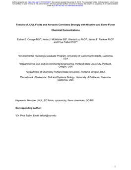 Toxicity of JUUL Fluids and Aerosols Correlates Strongly with Nicotine and Some Flavor Chemical Concentrations