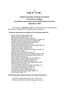Southern Association of Colleges and Schools Commission on Colleges Accreditation Actions Taken by the SACSCOC Board of Trustees September 3, 2020