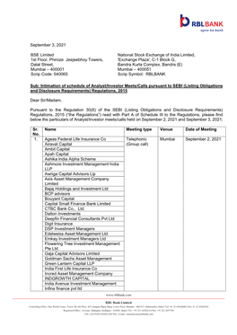 September 3, 2021 Sub: Intimation of Schedule of Analyst/Investor Meets