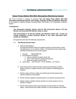 TECHNICAL SPECIFICATIONS Sewer Pump Station Wet Well Atmosphere Monitoring System