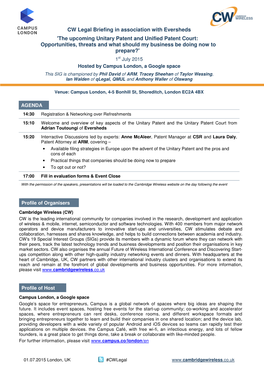 CW Legal Briefing in Association with Eversheds 'The Upcoming Unitary Patent and Unified Patent Court: Opportunities, Threats A