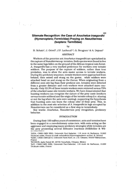 Sitemate Recognition: the Case of Anochetus Traegordhi (Hymenoptera; Formicidae) Preying on Nasutitermes (Isoptera: Termitidae) by B