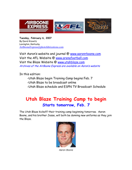 Utah Blaze Training Camp to Begin Starts Tomorrow, Feb