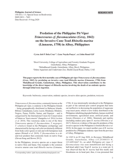 Predation of the Philippine Pit Viper Trimeresurus Cf. Flavomaculatus (Gray, 1842) on the Invasive Cane Toad Rhinella Marina (Linnaeus, 1758) in Albay, Philippines