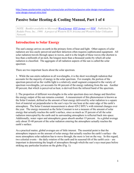 Passive Solar Heating & Cooling Manual, Part 1 of 4