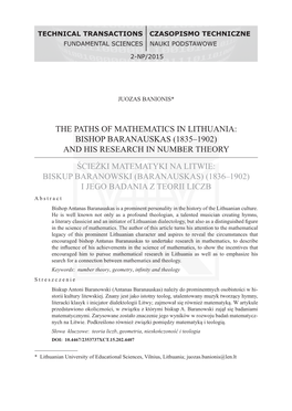 The Paths of Mathematics in Lithuania: Bishop Baranauskas (1835‒1902) and His Research in Number Theory