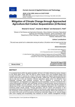 Mitigation of Climate Change Through Approached Agriculture-Soil Carbon Sequestration (A Review)