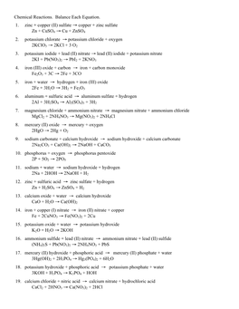 Chemical Reactions. Balance Each Equation. 1. Zinc + Copper (II) Sulfate → Copper + Zinc Sulfate Zn + Cuso4 → Cu + Znso4 2