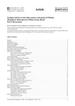 Synopsis and Keys to the Tribes, Genera, and Species of Miridae (Hemiptera: Heteroptera) of Minas Gerais, Brazil Part I: Bryocorinae