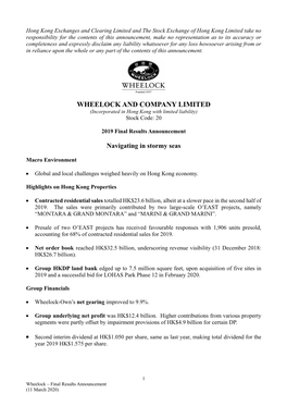 WHEELOCK and COMPANY LIMITED (Incorporated in Hong Kong with Limited Liability) Stock Code: 20
