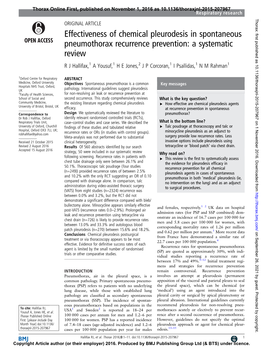 Effectiveness of Chemical Pleurodesis in Spontaneous Pneumothorax