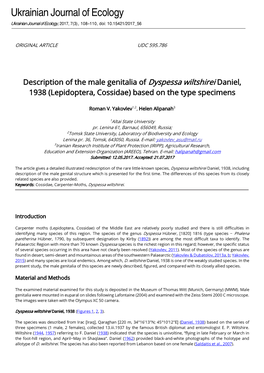 Description of the Male Genitalia of Dyspessa Wiltshirei Daniel, 1938 (Lepidoptera, Cossidae) Based on the Type Specimens