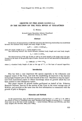 Growth of Pike (Esox Lucius L.) in the Section of the Tisza River at Tiszafüred