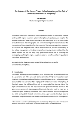 An Analysis of the Current Private Higher Education and the Role of University Governance in Hong Kong1