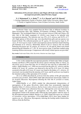 Infestation of Oreochromis Niloticus and Tilapia Zilli Fresh-Water Fishes with Myxosporean Parasites, Qena Province, Egypt