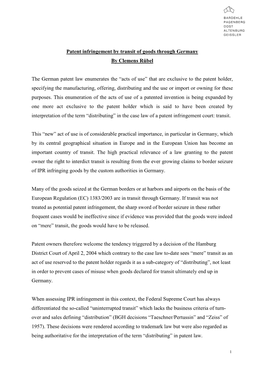 Patent Infringement by Transit of Goods Through Germany by Clemens Rübel