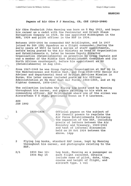 MANNING Papers of Air Cdre FJ Manning, CB