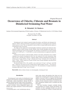 Occurrence of Chlorite, Chlorate and Bromate in Disinfected Swimming Pool Water