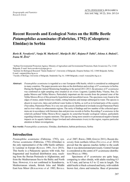 Recent Records and Ecological Notes on the Riffle Beetle Potamophilus Acuminatus (Fabricius, 1792) (Coleoptera: Elmidae) in Serbia