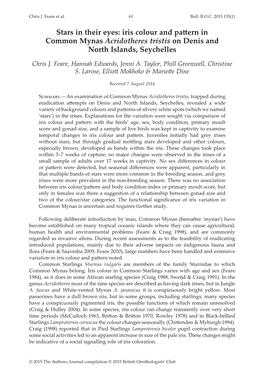 Stars in Their Eyes: Iris Colour and Pattern in Common Mynas Acridotheres Tristis on Denis and North Islands, Seychelles