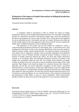 Estimation of the Impact of Trophic Interactions on Biological Production Functions in an Ecosystem